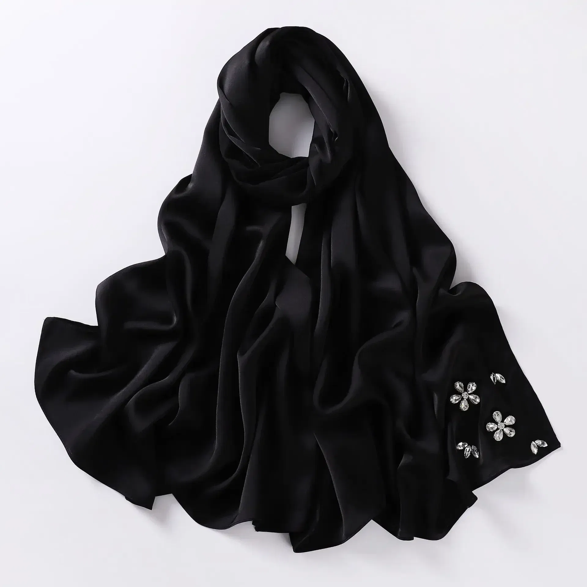 Color: black - New Designers Diamonds Satin Hijab Chiffon Scarf Women Luxury Silk Scarves Woman Turban Silk Scarfs for Women Bandana Headband