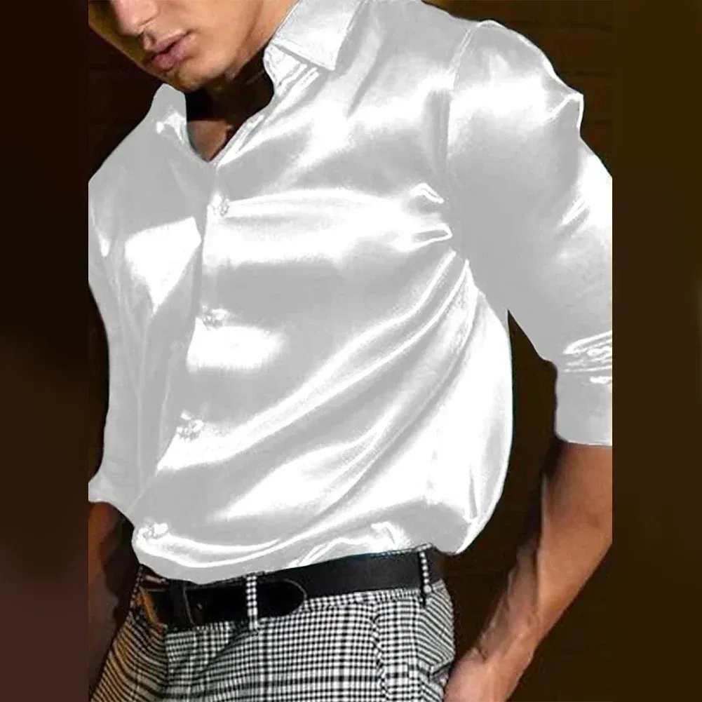 Color: Beige, Size: XL, Ships From: CHINA - Casual Men's Satin Silk Dress Shirts Long Sleeve Social Single Breasted Button Turn-Down Collar Shirts Wedding Party Men Clothes