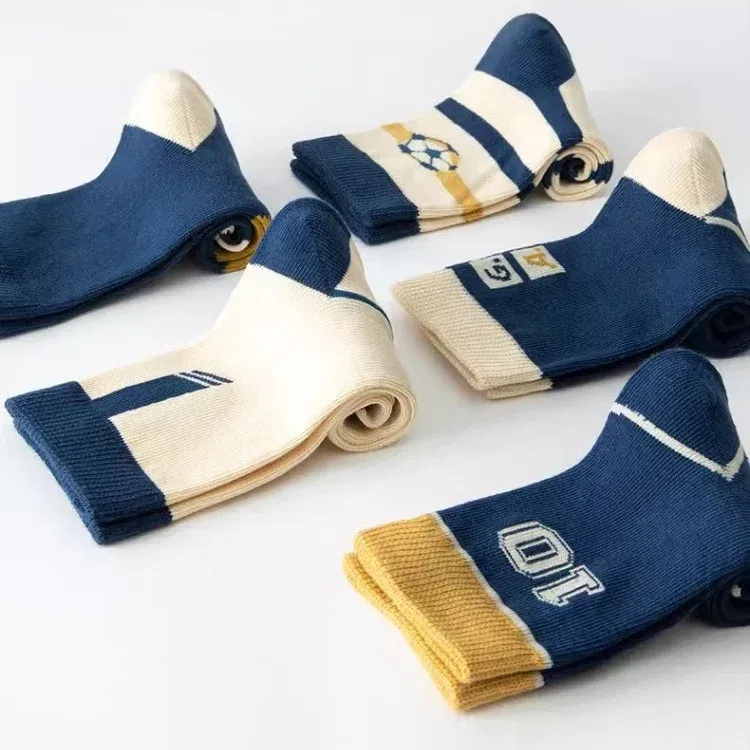 Color: GRAY, Size: 10-12T - Baby Socks 5 Pairs/lot Autumn Cotton Socks Kids Boys Calf-length Striped Socks Children's Spring Autumn Socks