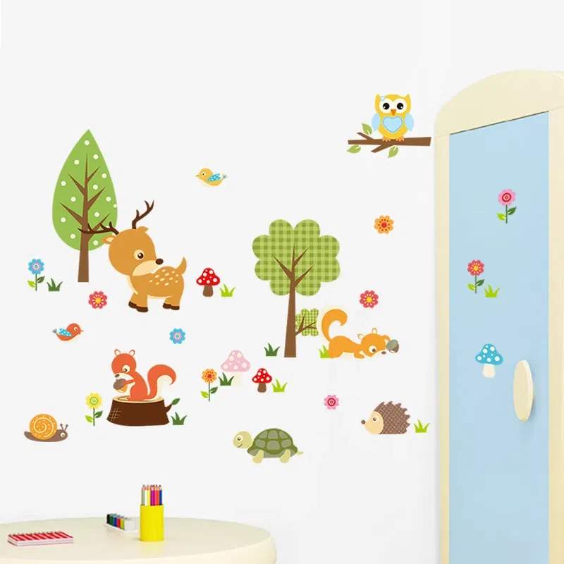 Color: light yellow - Funny Animals Bird Swinging Wall Stickers Kids Room Decoration Diy Cartoon Monkey Giraffe Lion Mural Art Pvc Posters Home Decals