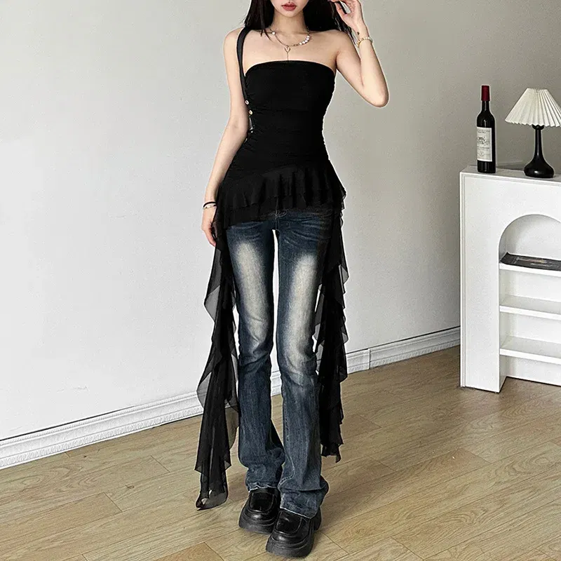 Color: black, Size: M - Nibber 2024 Spring New Solid Color Sweet Gentle Cute All-match High Street Travel Sexy Cool Women Chest Wrap ruched Tassel Vest