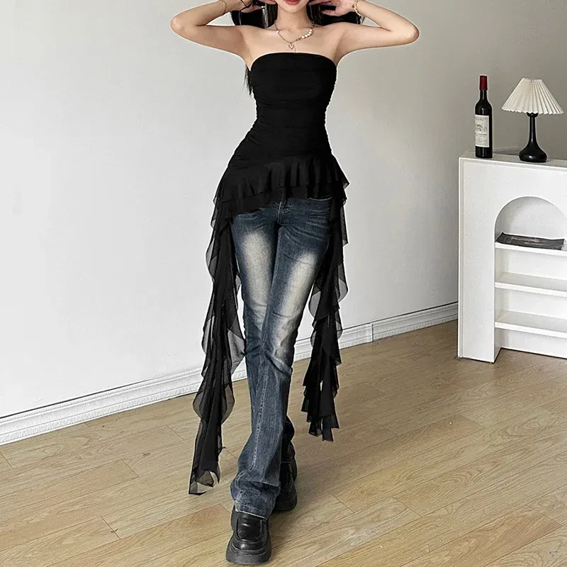 Color: black, Size: M - Nibber 2024 Spring New Solid Color Sweet Gentle Cute All-match High Street Travel Sexy Cool Women Chest Wrap ruched Tassel Vest