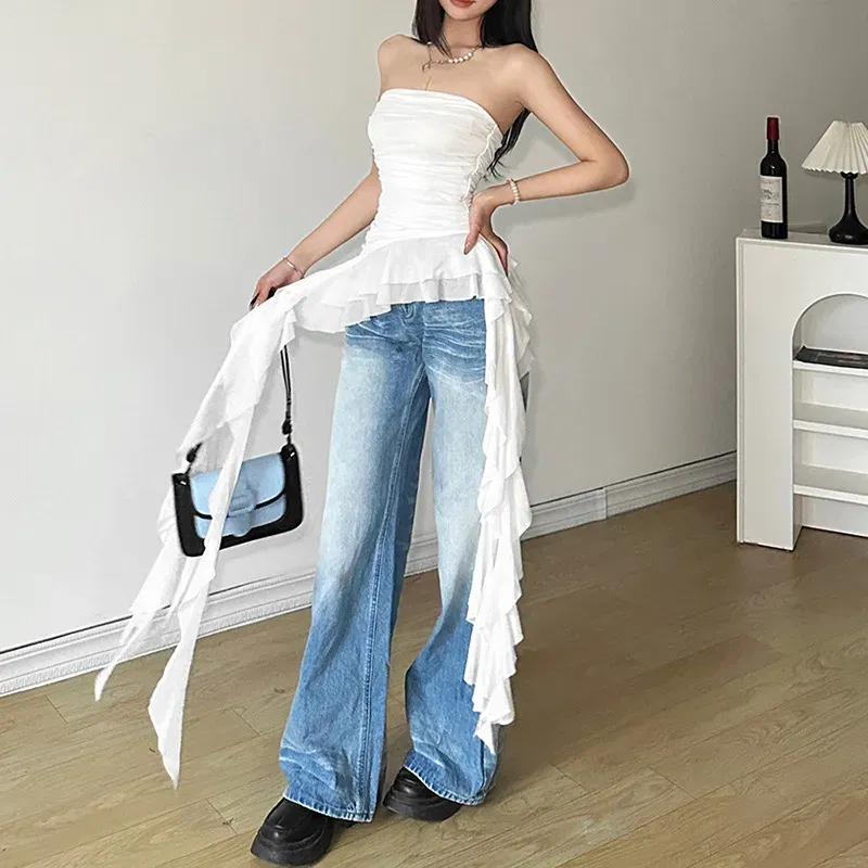 Color: black, Size: M - Nibber 2024 Spring New Solid Color Sweet Gentle Cute All-match High Street Travel Sexy Cool Women Chest Wrap ruched Tassel Vest