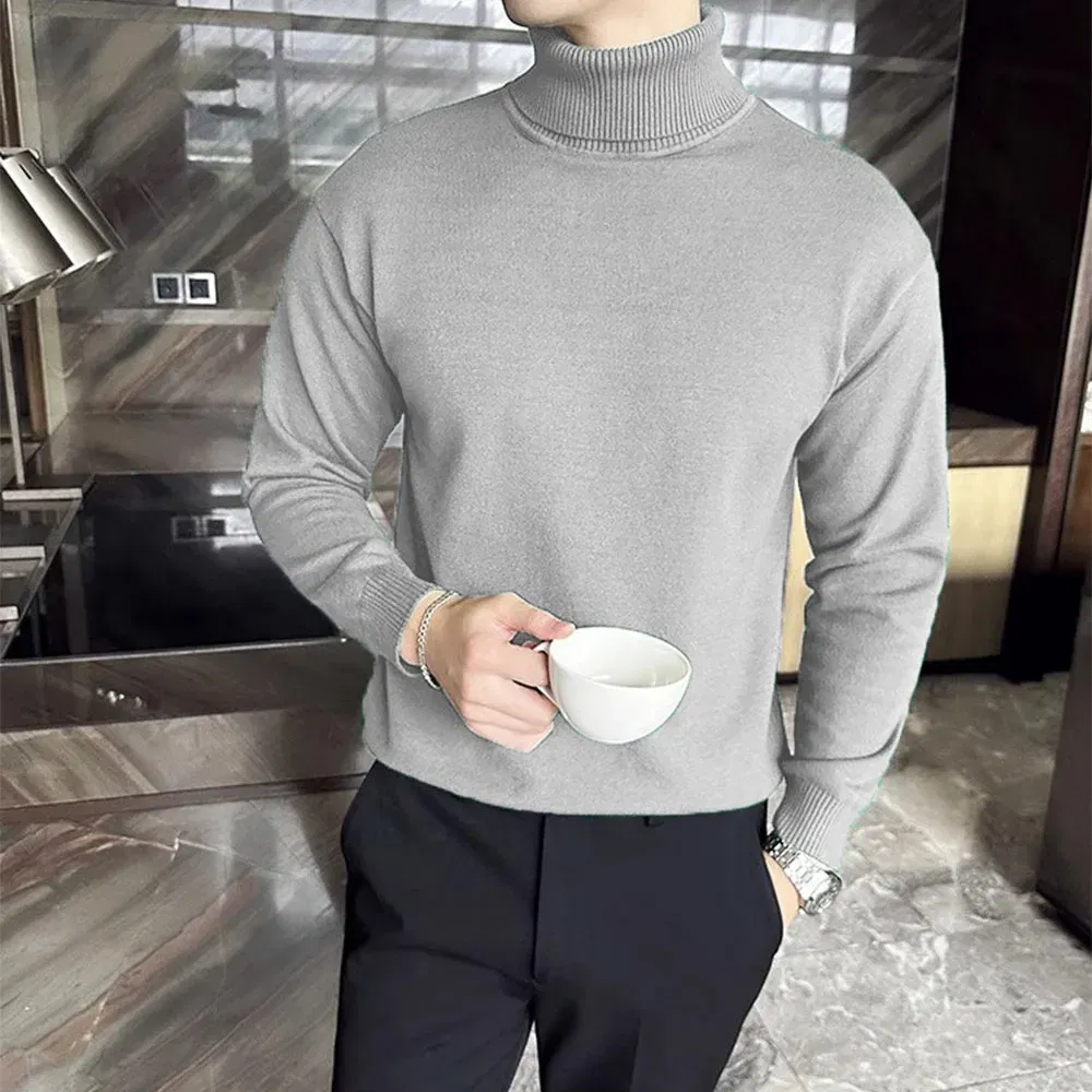 Color: GRAY, Size: M - Korean Fashion Autumn Winter Sweaters Men Pullovers Fleece Turtleneck Knitted Sweatshirt Warm Bottoming Shirts
