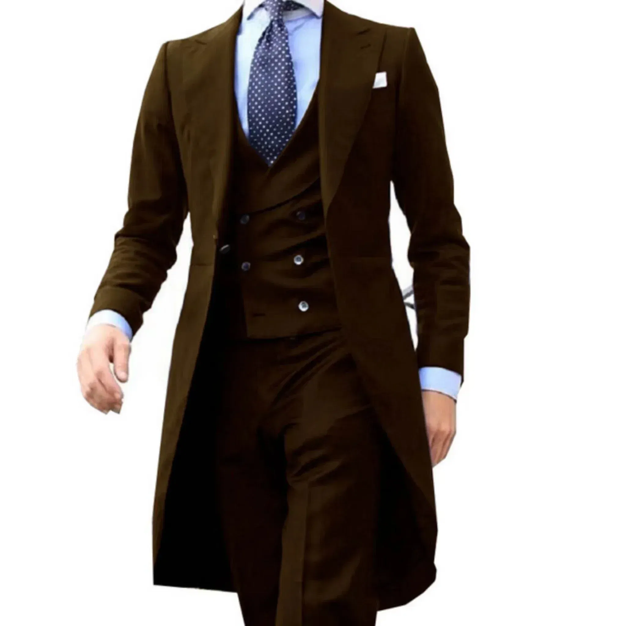 Color: Brown, Size: One Size - Elegant man suit Slim Fit Suit Luxury Formal Tuxedos Wedding 3 Pieces Blazer Vest Pants Set Long Tail Coat One Button Custom