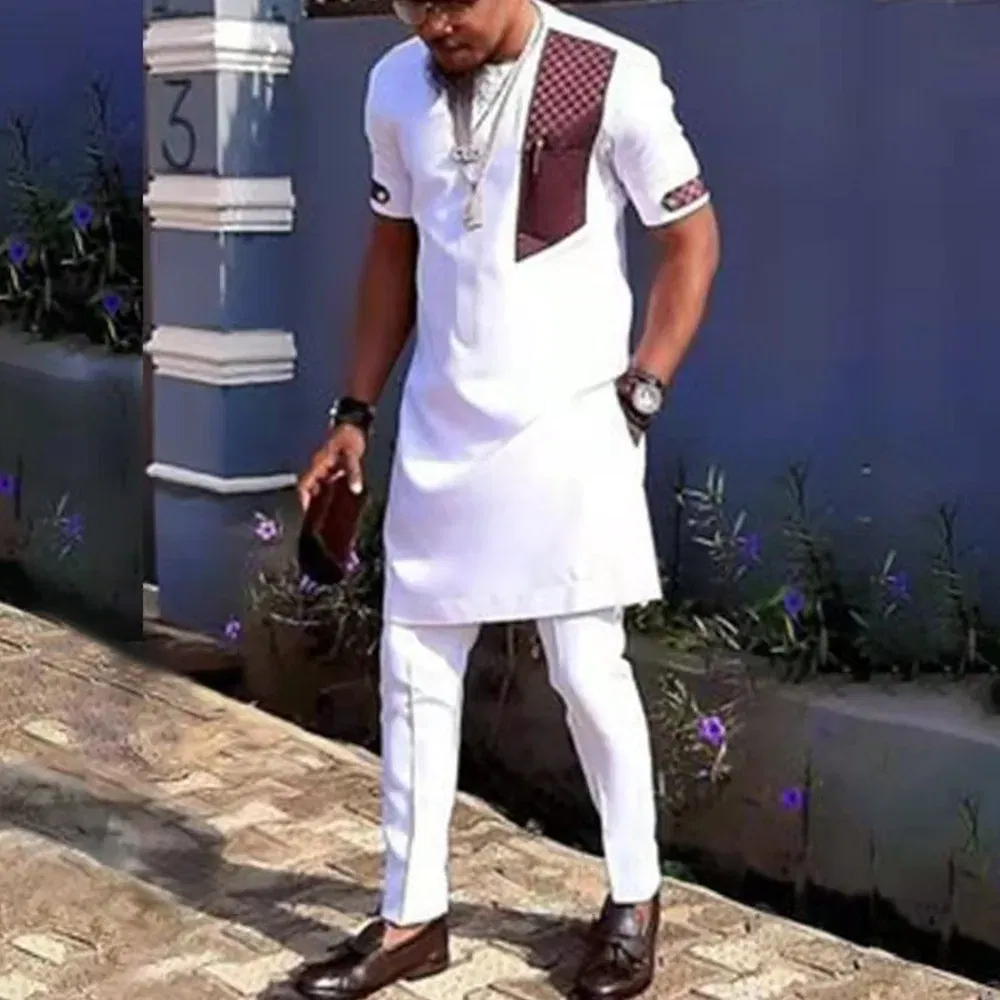 Color: Dark Grey, Size: XXL - 2025 New men's suit, white pocket, 2-piece set, luxury wedding casual suit, traditional African style of ethnic minorities