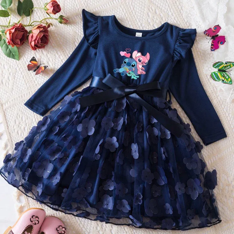 Color: Cyan, Size: One Size, Height: 176 - Lilo Stitch Girl Baby Dresses Spring Autumn Child Long Sleeve Sweet Princess Dress Mesh Newborn Casual Dress Birthday Party 2-6Y