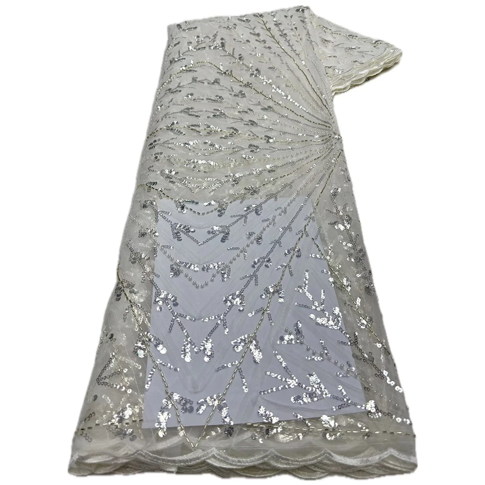 Color: PURPLE, length: 5 yards, Width: 120cm - Wholesale African Sequins Beads Lace Fabric 2024 High Quality Lace Material French Nigerian Lace Fabrics For Women Party