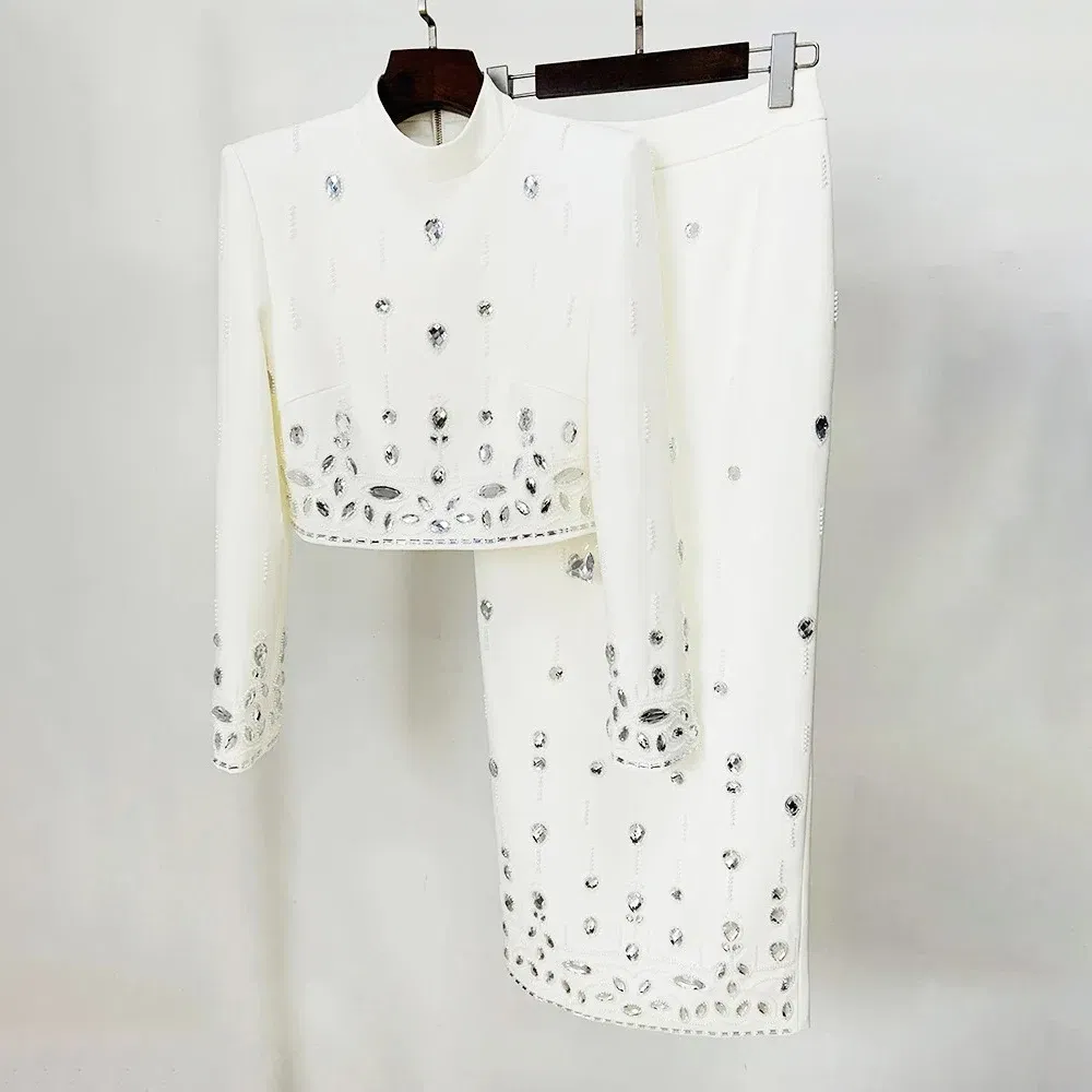 Color: WHITE, Size: S - Spliced Diamonds Two Piece Set For Women Stand Collar Long Sleeve Tops High Waist Skirt Elegant Chic Set Female Fashion New