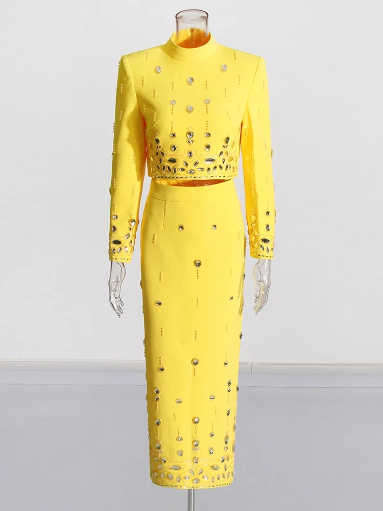 Color: WHITE, Size: S - Spliced Diamonds Two Piece Set For Women Stand Collar Long Sleeve Tops High Waist Skirt Elegant Chic Set Female Fashion New