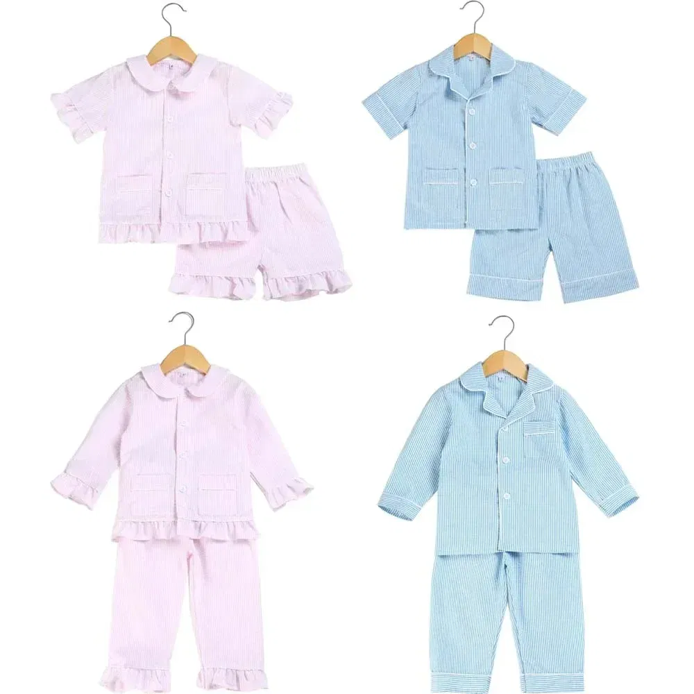 Color: Pink, Ships From: CHINA, Kid Size: 12t - Ruffkids 100% Cotton Summer Kids Pajamas Sleepwear Seersucker Striped Matching Pjs Boys Clothes Loungewear Girls Pyjamas Set