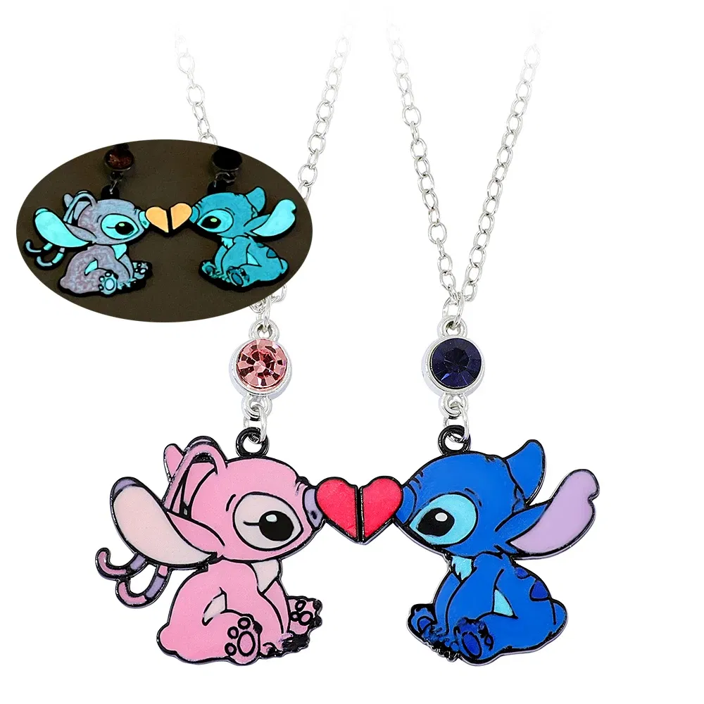 Metal Color: Blue white zinc plated - Disney-Stitch Heart Necklace for Couple, Gold and Silver Color, Angel and Stitch, Cute Style , Jewelry Pendant, Gift for Girl, 1