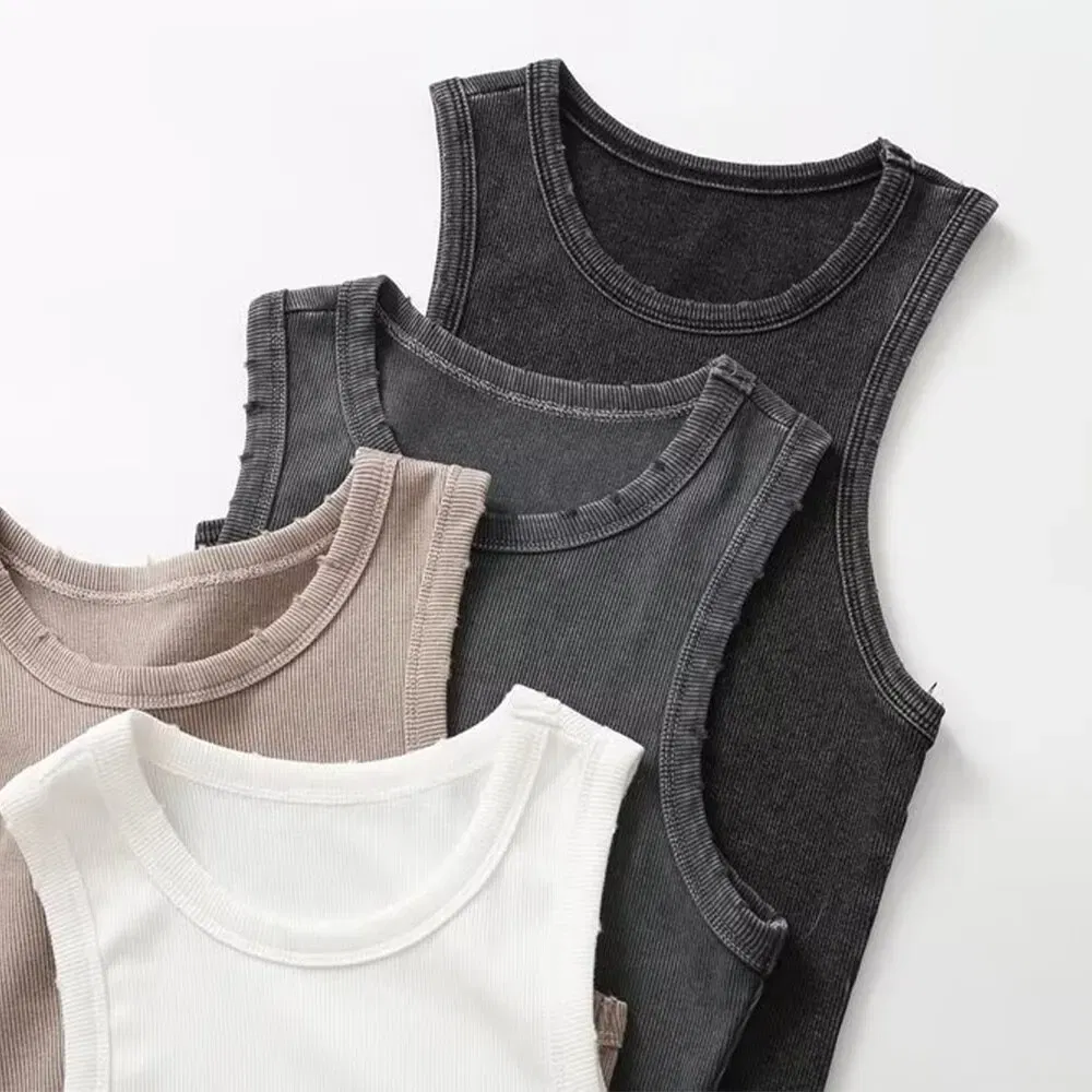 Size: S, Color: WHITE - BMURHMZA Fashion New Water Wash Rib Simple Retro Workwear Women's Tank Top