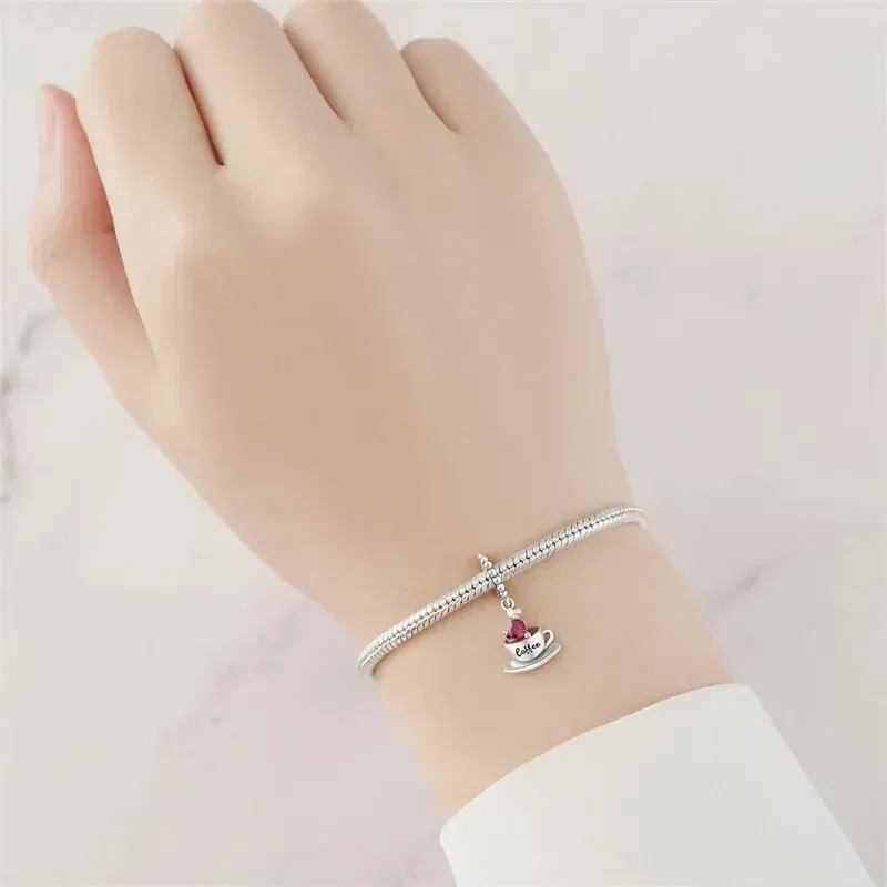 Color: WHITE - Real 925 Sterling Silver Love Coffee Charm Bead Fits Original Pandora Bracelet Necklace Women Pendant Diy Fine Jewelry Hot