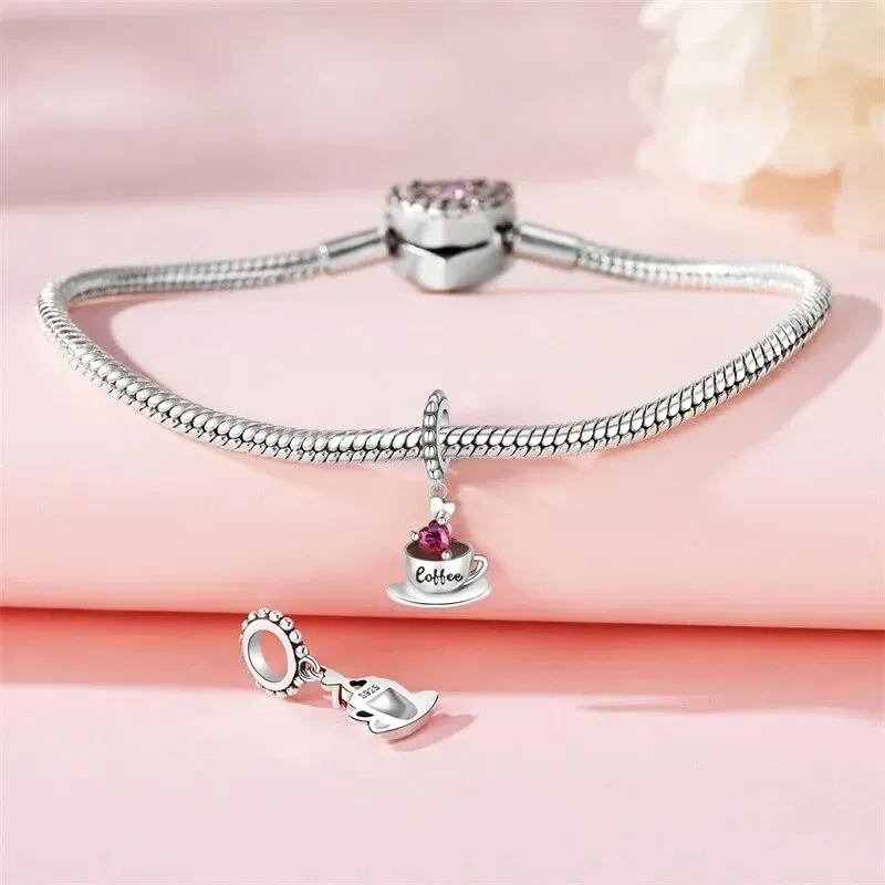 Color: WHITE - Real 925 Sterling Silver Love Coffee Charm Bead Fits Original Pandora Bracelet Necklace Women Pendant Diy Fine Jewelry Hot
