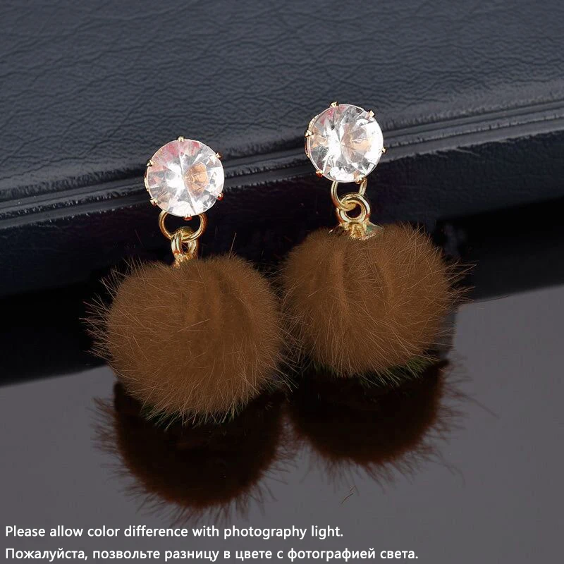 Metal Color: Hot Stamping - New Artificial Hair Dangle Earrings for Women Crystal Top Short Small Fluffy Ball Earrings Boho Fashion Jewelry brincos bijoux