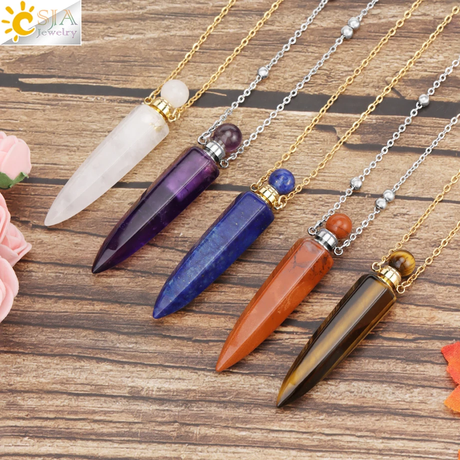 Metal color: Gold-color - CSJA Crystal Perfume Bottle Women Necklace Natural Stone Hexagonal Cone Pendant Reiki Oil Diffuser Necklaces Christmas Gift H358