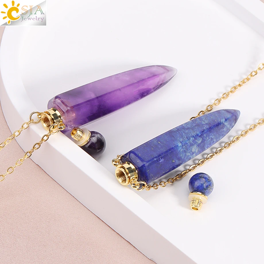Metal color: Gold-color - CSJA Crystal Perfume Bottle Women Necklace Natural Stone Hexagonal Cone Pendant Reiki Oil Diffuser Necklaces Christmas Gift H358