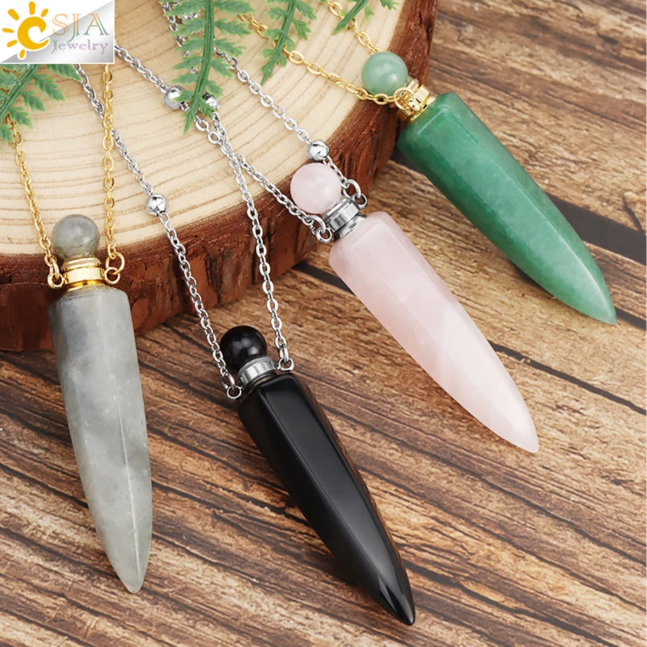 Metal color: Gold-color - CSJA Crystal Perfume Bottle Women Necklace Natural Stone Hexagonal Cone Pendant Reiki Oil Diffuser Necklaces Christmas Gift H358