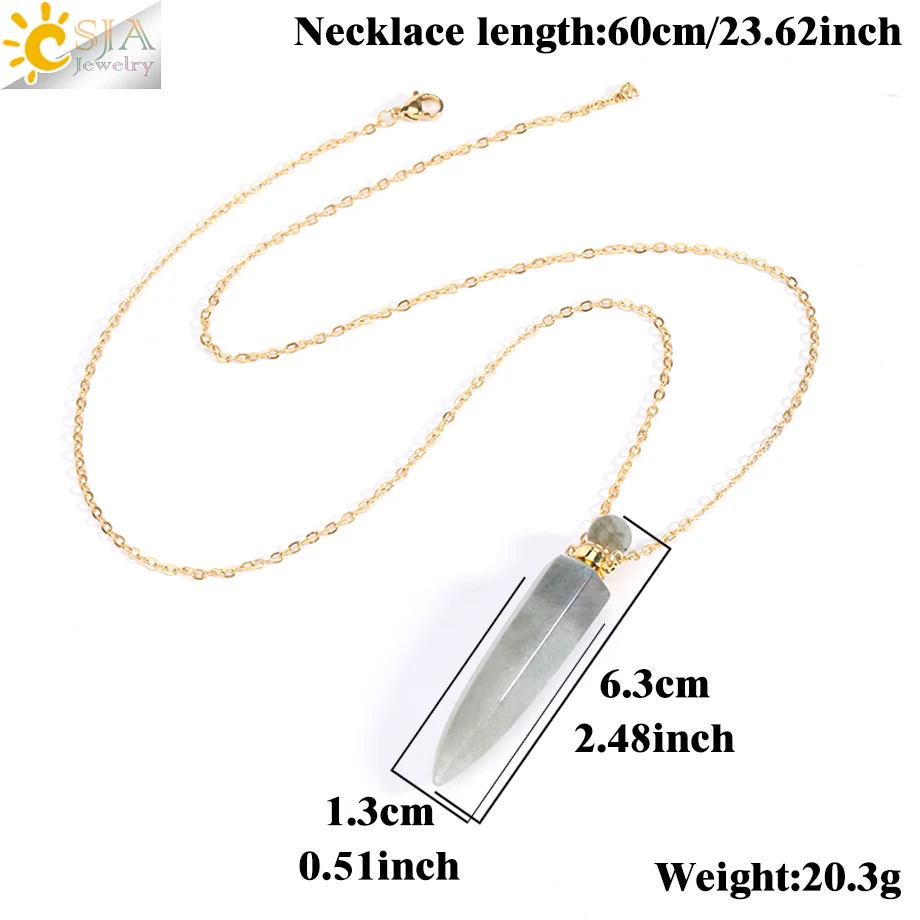 Metal color: Gold-color - CSJA Crystal Perfume Bottle Women Necklace Natural Stone Hexagonal Cone Pendant Reiki Oil Diffuser Necklaces Christmas Gift H358