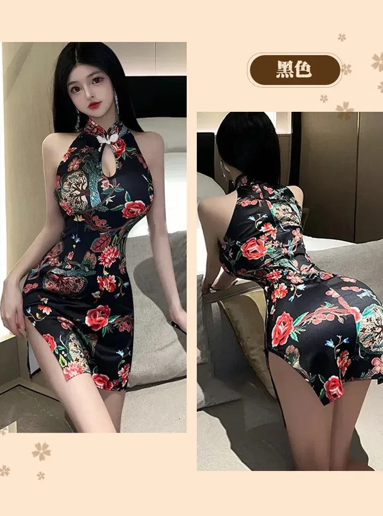 Size: S, Color: Pink - Sexy Classical Printed Cheongsam Slim Uniform Dress Elegant Fashion Sweet Women Mini Dress Sexy Tops 2024 New Fashion I491