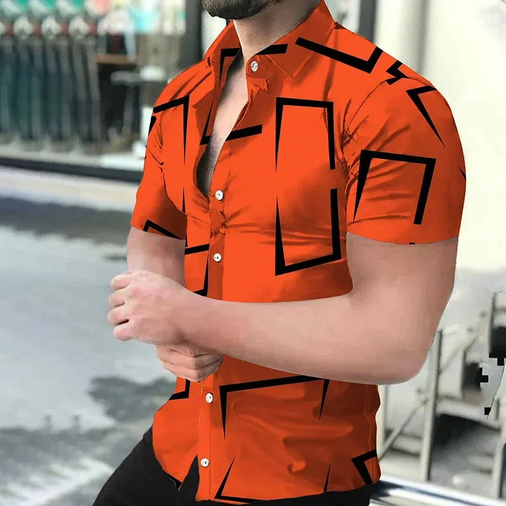 Color: Gold, Size: M - 3D Men's Striped Printed Short Sleeve Shirt, Fashionable And Casual Loose Shirt, 2023 New Style.