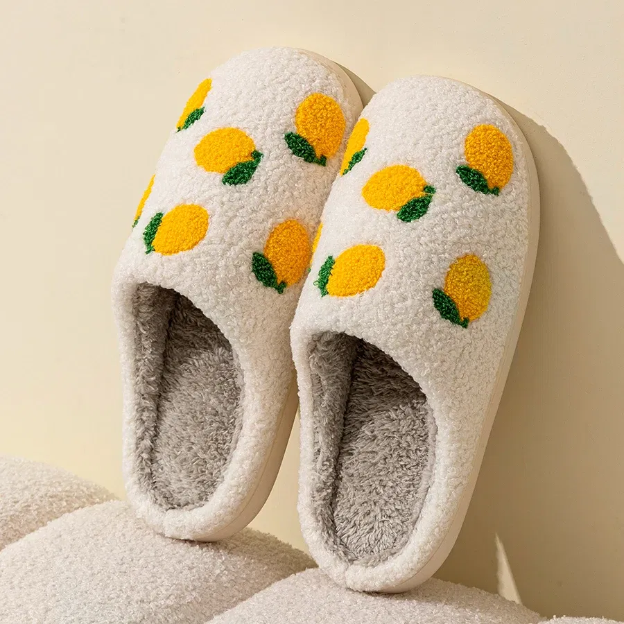 Color: Yellow, Shoe Size: 3.5 - Cute Avocado Women Slippers Winter Warm Indoor Fruit Cartoon Funny Soft Non-slip Slipper Cherry Strawberry Comfy Cotton Shoes