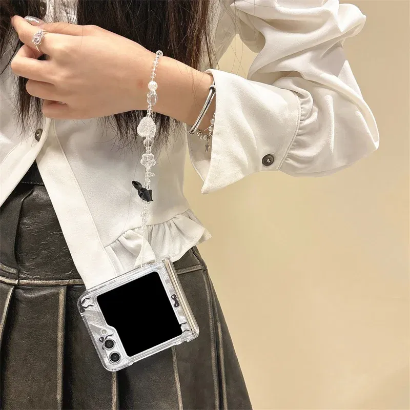 Color: Clear, Material: Microfiber - For Samsung Galaxy Z Flip 3 4 5 6 Case Cute Pink Black Bow Feather Cards Bracelet Cover For Samsung Z Flip3 Flip4 ZFlip5