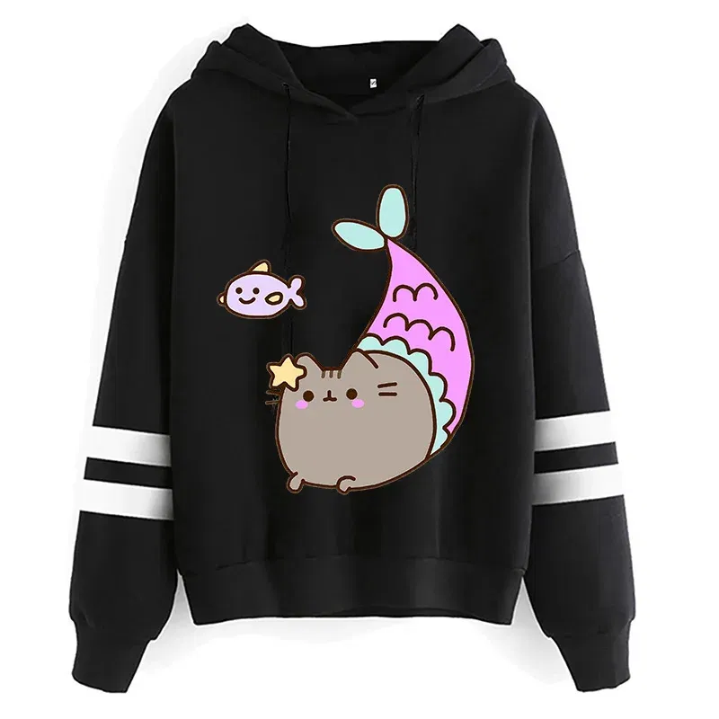 Color: DEEP BLUE, Size: L - Women Ullzang Cute Cat Funny Cartoon Sweatshirt Pusheen Cat Kawaii Harajuku Korean Style Hoodies Graphic Fashion Hoody Female