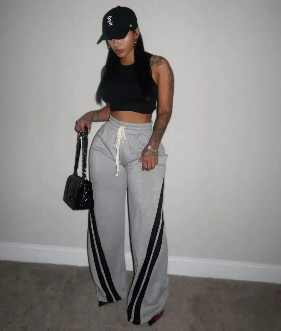 Color: GRAY, Size: S - Women Wide Leg Pant Long Pants High Elastic Waist Elegant Splice Pocket Simple Casual Loose Straight Trousers Lace Up Streetwear
