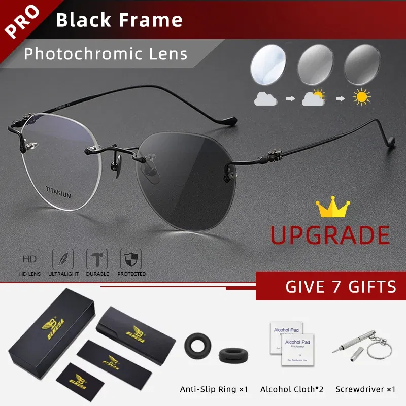 Frame Color: GRAY, Eye Prescription: +50 - BLMUSA Pure Titanium Rimless Anti-blue Light Reading Glasses for Men Round Photochromic Optical Prescription with MR-8 lens