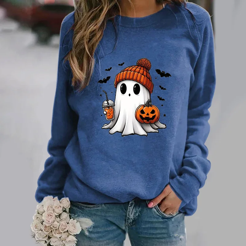 Color: Blue, Size: XXXL - Cute Ghost Pattern Sweater Women's Casual Halloween Ghost Harajuku Pullover Fall Women's Tops