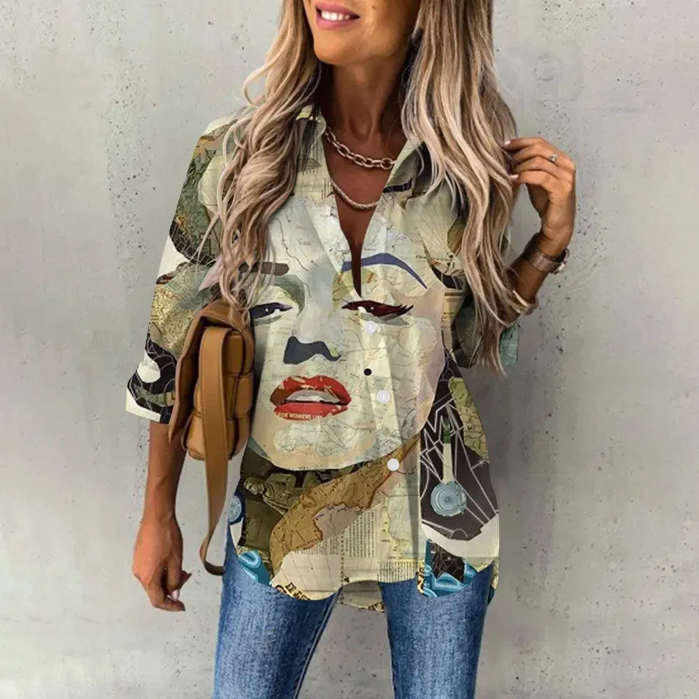 Color: PURPLE, Size: XXXL - Ladies Long Sleeved Shirt Vacation Style Coconut Tree 3D Digital Printed Button Up Collar Loose Casual Ladies Blouse 2024 Autumn