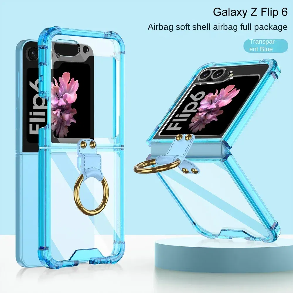 Color: black, Material: aluminum - Electroplated Transparent Airbag Ring Phone Case for Samsung Galaxy Z Flip 6 5 Flip6 Flip5 5G Stand Shockproof Cover