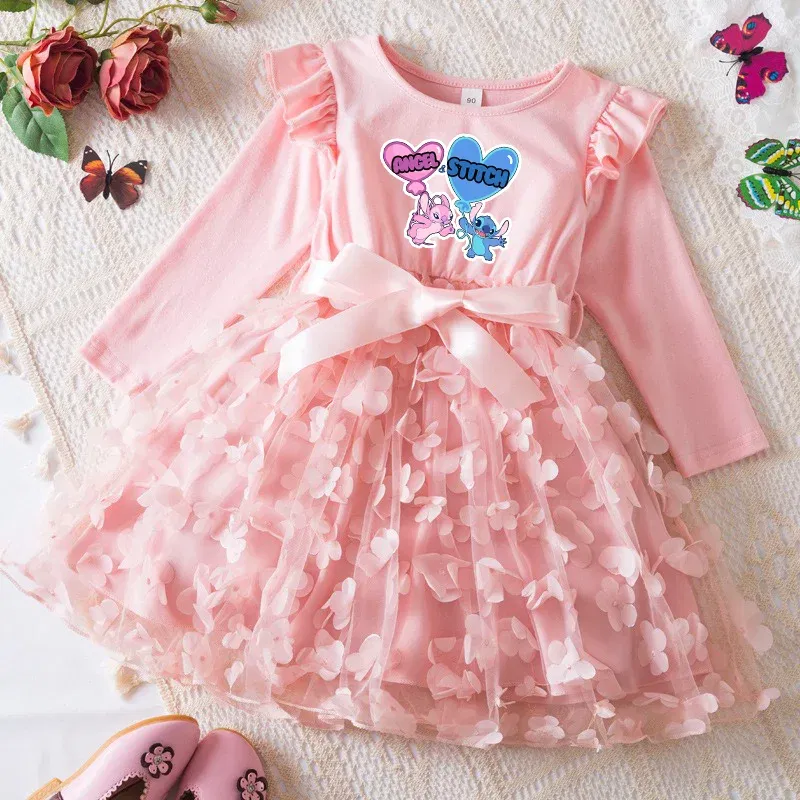 Color: Blue, Size: One Size, Height: 158 - Lilo Stitch Girl Baby Dresses Spring Autumn Child Long Sleeve Sweet Princess Dress Mesh Newborn Casual Dress Birthday Party 2-6Y