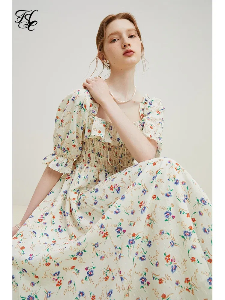 Color: Beige, Size: M - FSLE Square Neck Women Loose 100% Cotton Long Dresses Puff Sleeve Country Style Floral A-LINE Skirts Summer Female Sweet Dress