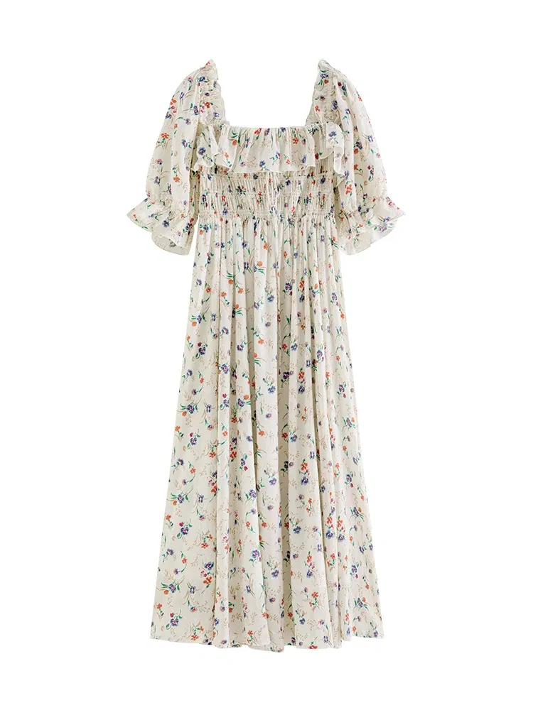 Color: Beige, Size: M - FSLE Square Neck Women Loose 100% Cotton Long Dresses Puff Sleeve Country Style Floral A-LINE Skirts Summer Female Sweet Dress
