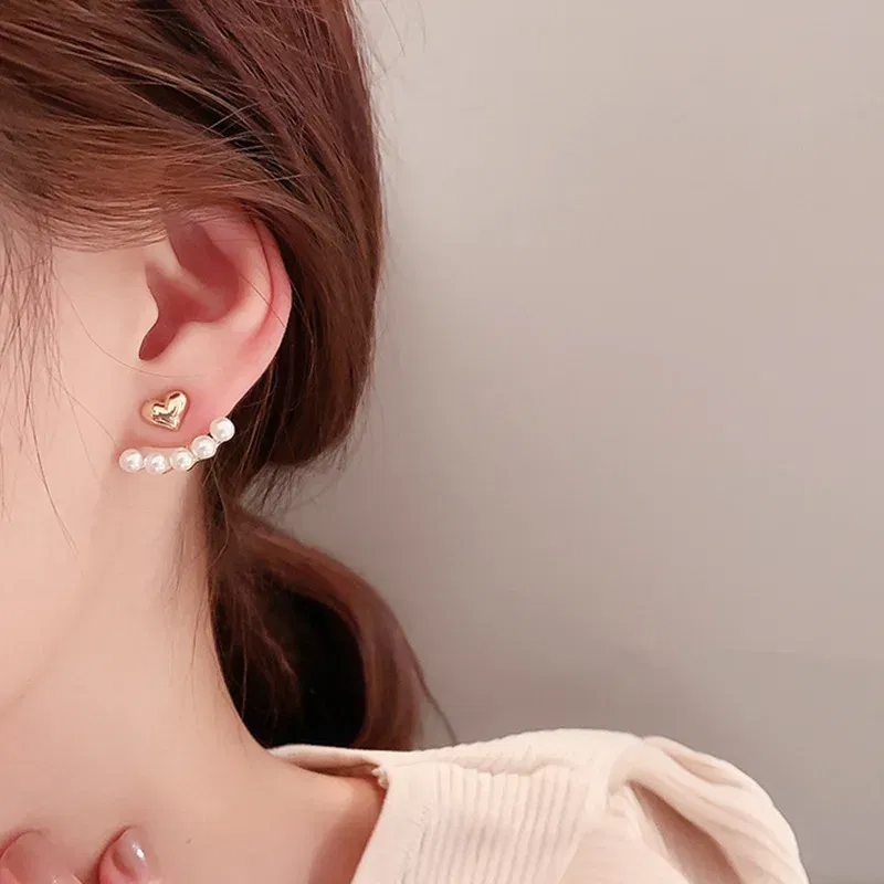 Metal Color: Imitation Rhodium Plated - Imitation Pearl Stud Earrings For Women Alloy Heart Double Sides Back Post Hanging Ear Cuff Valentine's Day Jewelry Girl Gift