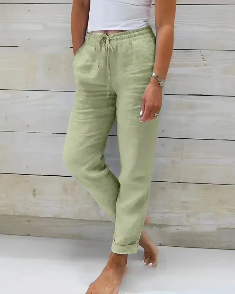 Color: green, Size: M - Cotton Linen Summer Pants for Women High Waist Elastic Casual Trousers Streetwear Solid Female Clothes 2024 Loose Pencil Pants