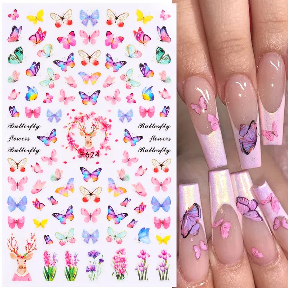 Color: Slate - 3D Blue Butterfly Adhesive Stickers Nail Art Decoration Laser Flowers Leaves Nail Sticker Nail Art Supplies Nail Parts
