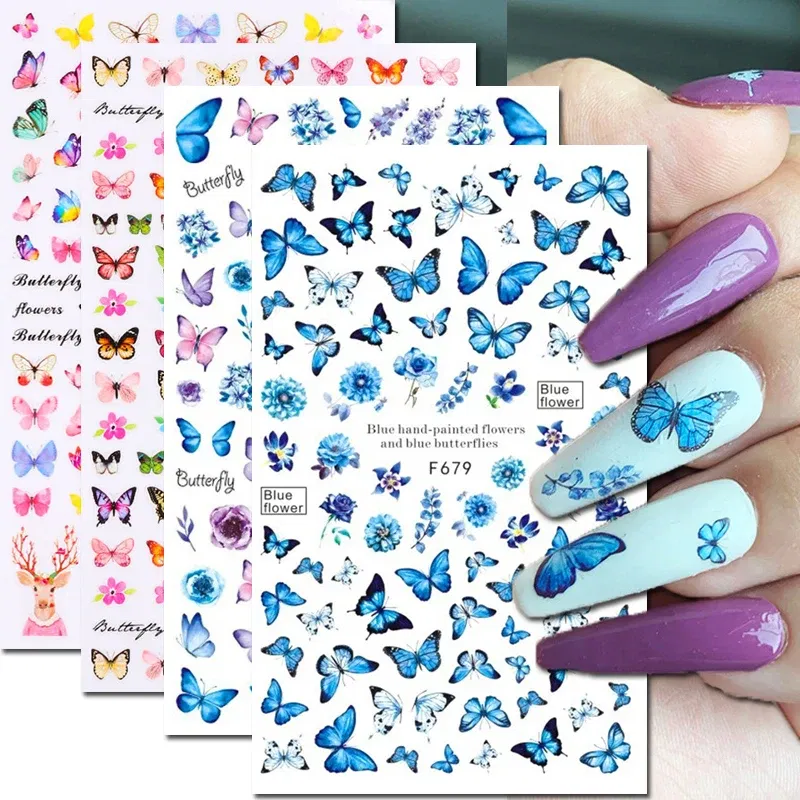 Color: Slate - 3D Blue Butterfly Adhesive Stickers Nail Art Decoration Laser Flowers Leaves Nail Sticker Nail Art Supplies Nail Parts