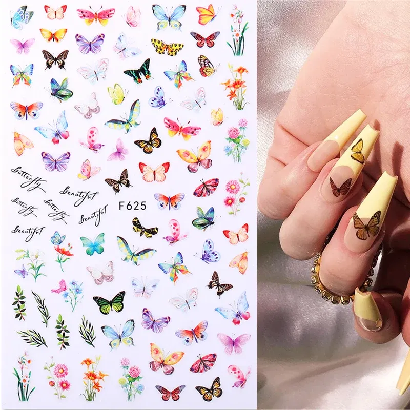 Color: Slate - 3D Blue Butterfly Adhesive Stickers Nail Art Decoration Laser Flowers Leaves Nail Sticker Nail Art Supplies Nail Parts