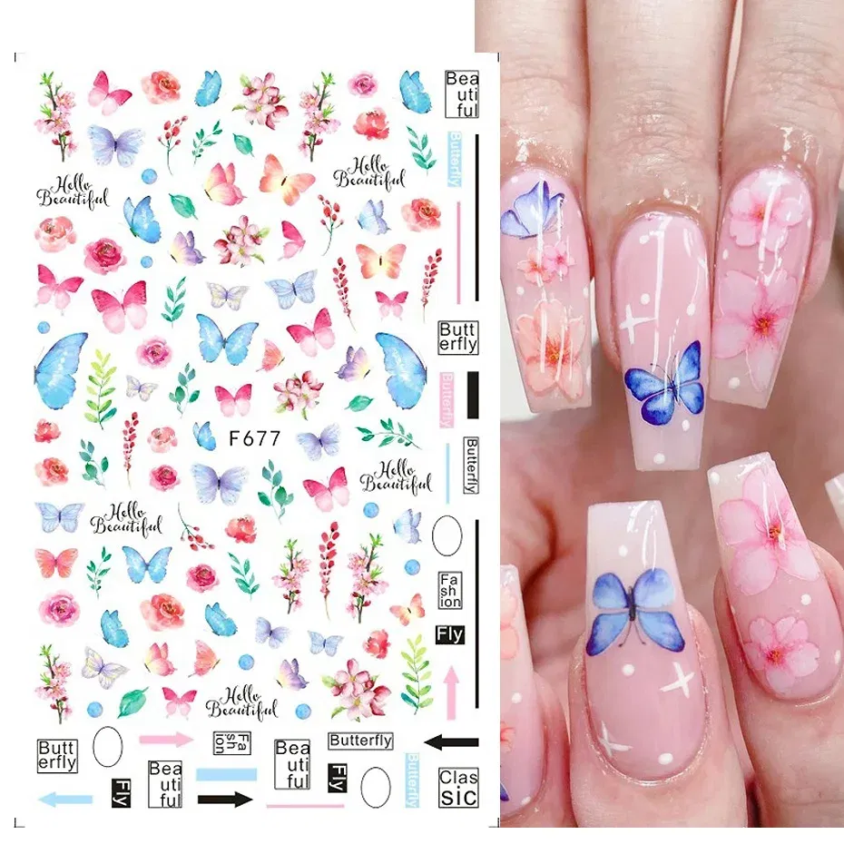 Color: Slate - 3D Blue Butterfly Adhesive Stickers Nail Art Decoration Laser Flowers Leaves Nail Sticker Nail Art Supplies Nail Parts