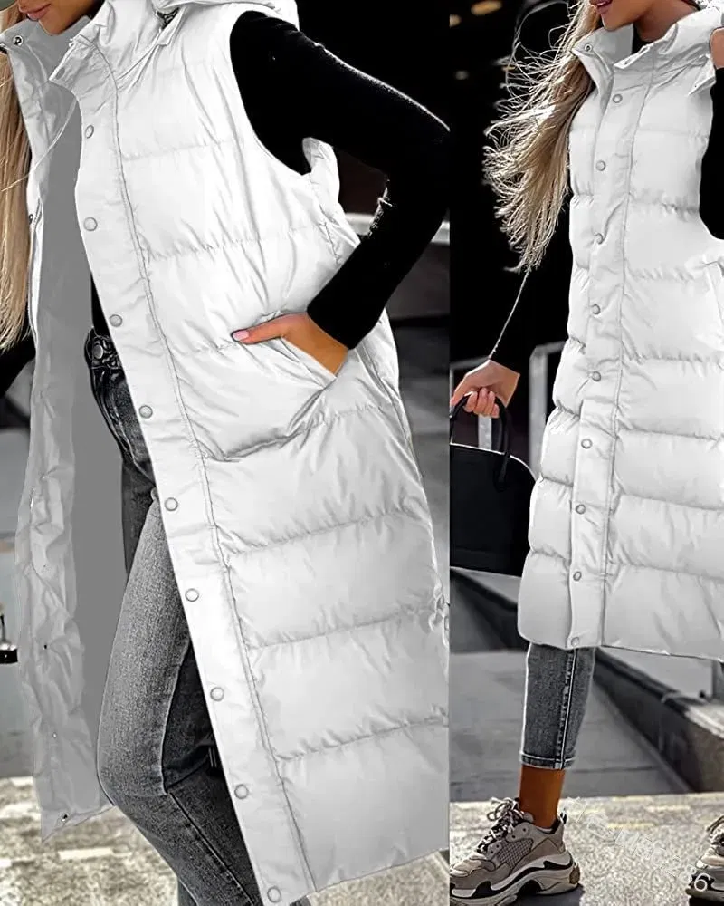 Color: WHITE, Size: XL - Hooded Zipper Jacket Women Oversize Waistcoat Winter Outerwear Hooded Parka Fashion Quilted Vest Casual