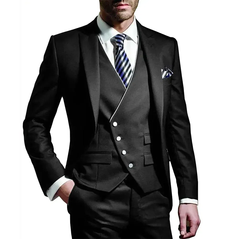 Color: black, Size: S, Ships From: CHINA - White Men Wedding Suits Groom Wear Peak Lapel Wedding Groom Tuxedos Business Party Suit 3 Pieces (Jacket+Vest+Pant?‰Costume Homme