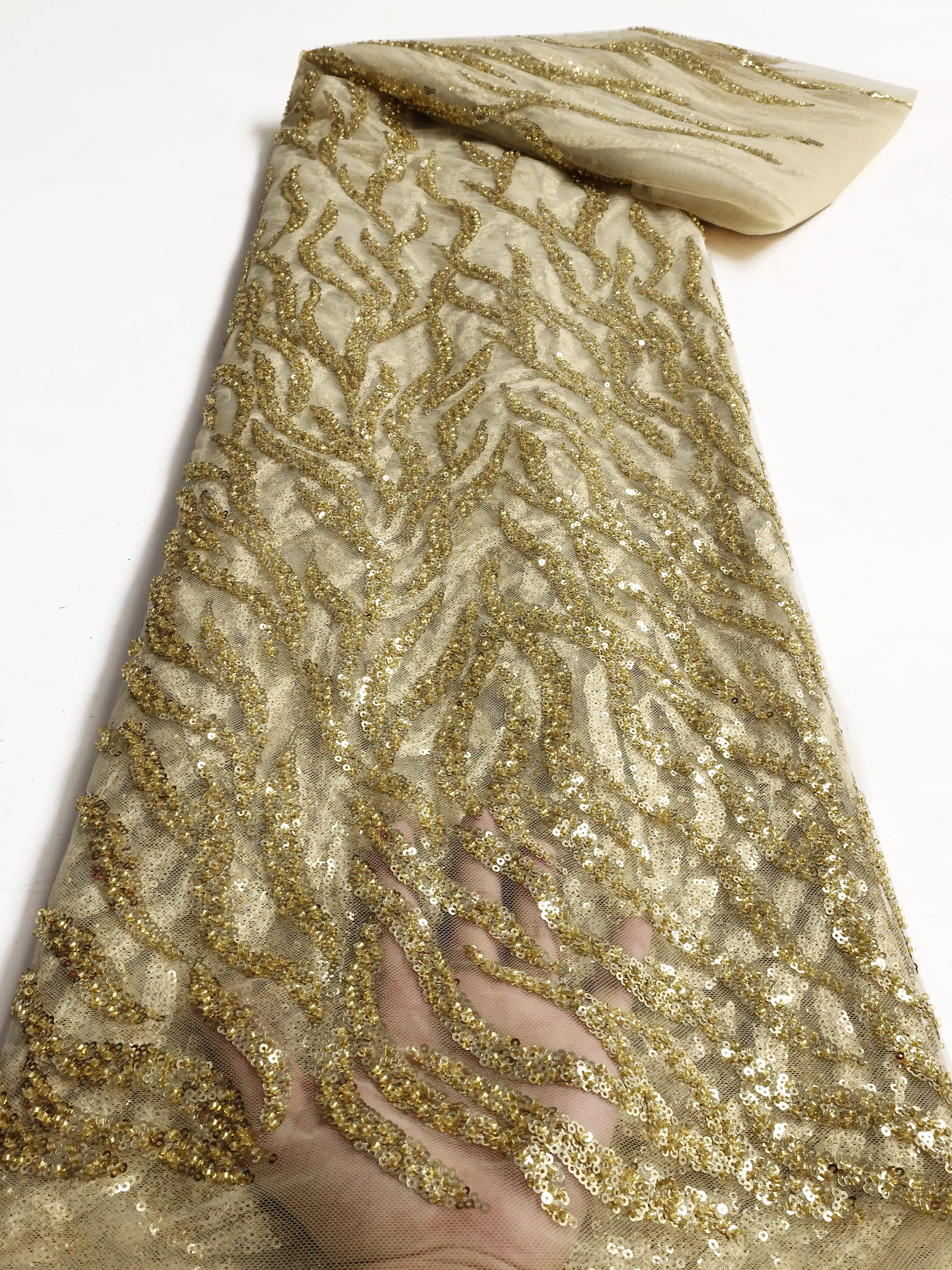 Color: BROWN, length: 5 yards, Width: 120cm - PGC White Beaded Tulle African Lace Fabric Sewing 2024 Swiss Mesh Sequins High Quality Lace Fabrics for Luxury Wedding