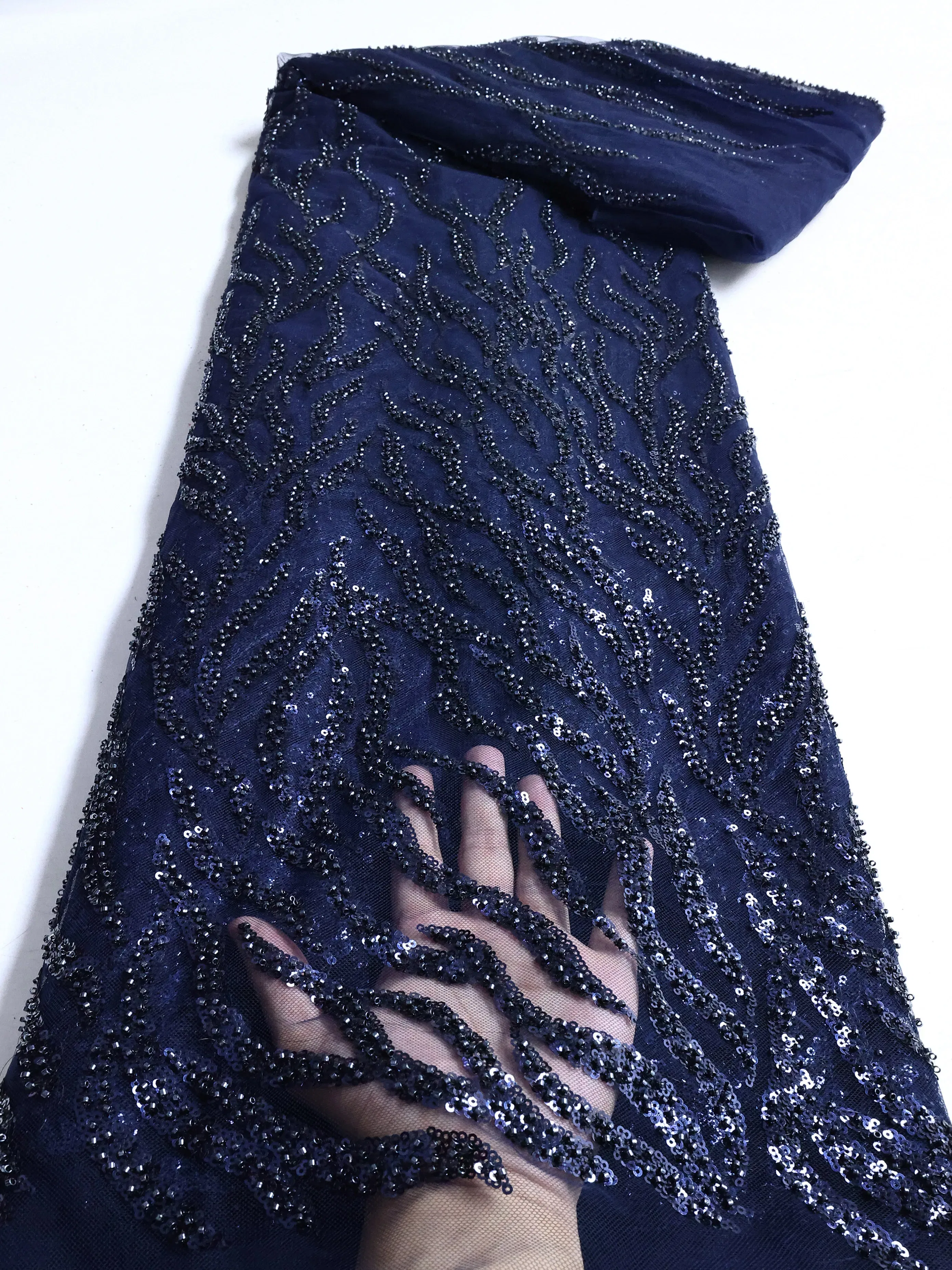 Color: BROWN, length: 5 yards, Width: 120cm - PGC White Beaded Tulle African Lace Fabric Sewing 2024 Swiss Mesh Sequins High Quality Lace Fabrics for Luxury Wedding