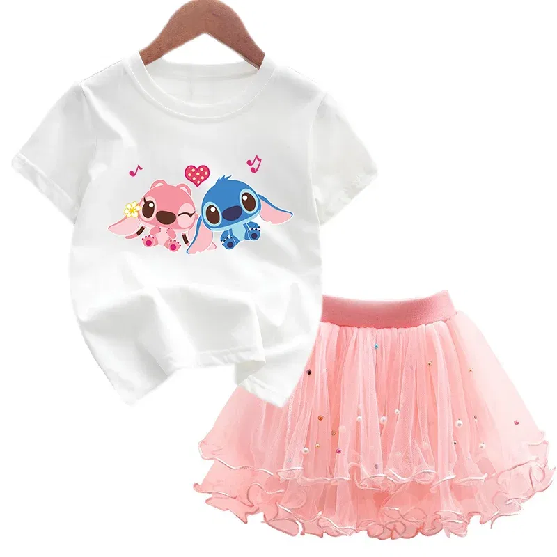 Color: Dark Grey, Kid Size: 3T - 2pcs Lilo Stitch Summer Girls Outfits Cartoon T-shirt and Tutu Skirt Princess Clothes Suit Children Birthday Clothing Sets