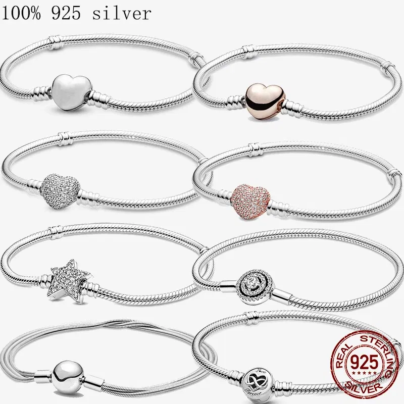 Gem Color: Gold, Length: 20cm - Original 925 Sterling Silver Bracelet Star Heart Clasp Snake Chain Rose Gold DIY Beads Charms Bracelets For Women Luxury Jewelry