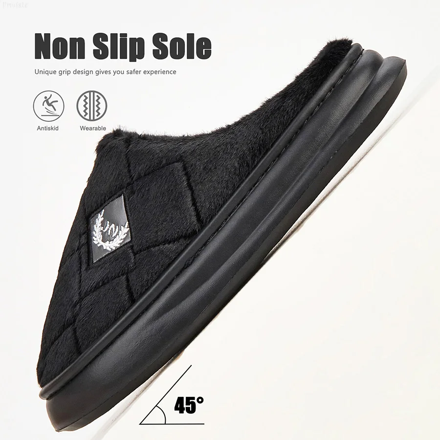 Color: black, Shoe Size: 44-45 - Men's House Slippers Furry Plaid cozy EVA Memory Foam Lightweight Casual Shoes Winter Warm Plush Non-slip Slippers big size
